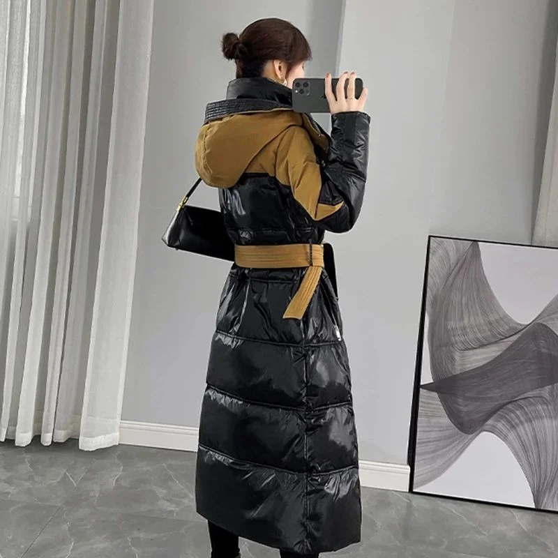 2023autumn Winter Glossy Black Women Long Over-the-knee Down White Duck Down Jacket Women New Women  Stitching Coat Thickened