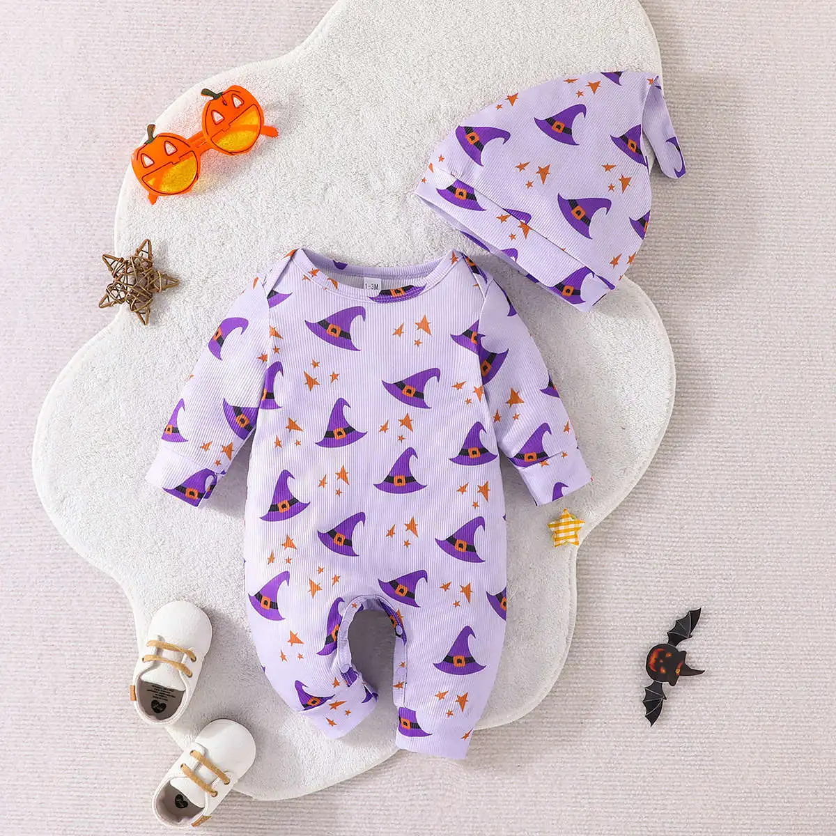 

Laura Kors New Summer Infant Newborn Boys Romper Long Sleeve Print WITCH HAT Purple Baby Rompers Clothes Outfits 0-2T