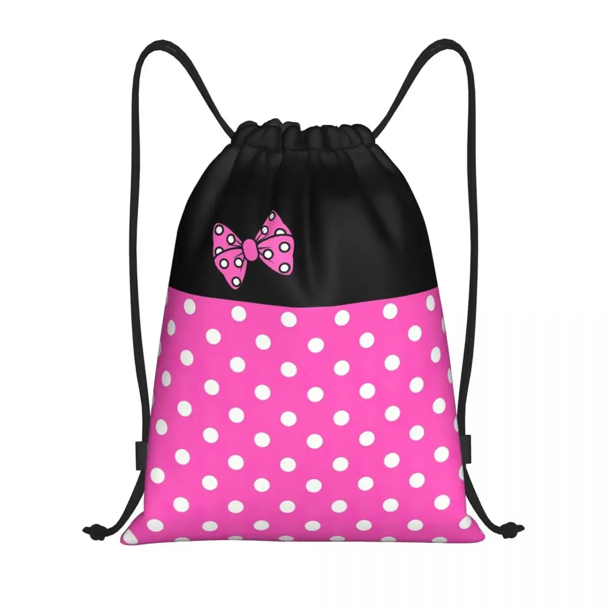 Cute Minnie Mouse Pattern Drawstring Backpack para homens e mulheres, Sport Sack, Foldable Pink Polkadot Shopping Bag, personalizado