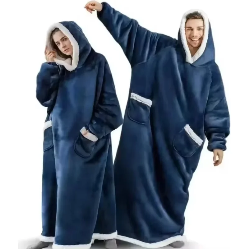 180cm Super Long Flannel Blanket Pyjamas with Sleeves Winter Hoodies Sweatshirt Women Men Pullover Fleece Giant Oversized Outdoo