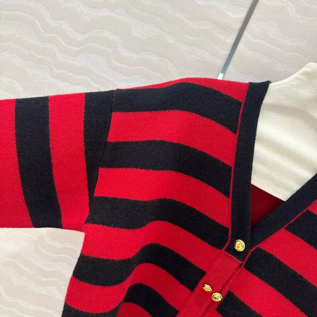 Best Quality Wool & Cashmere Knitting Cardigans Women Color Block Red Black Stripes V-neck Gold Button Soft Casual Sweater