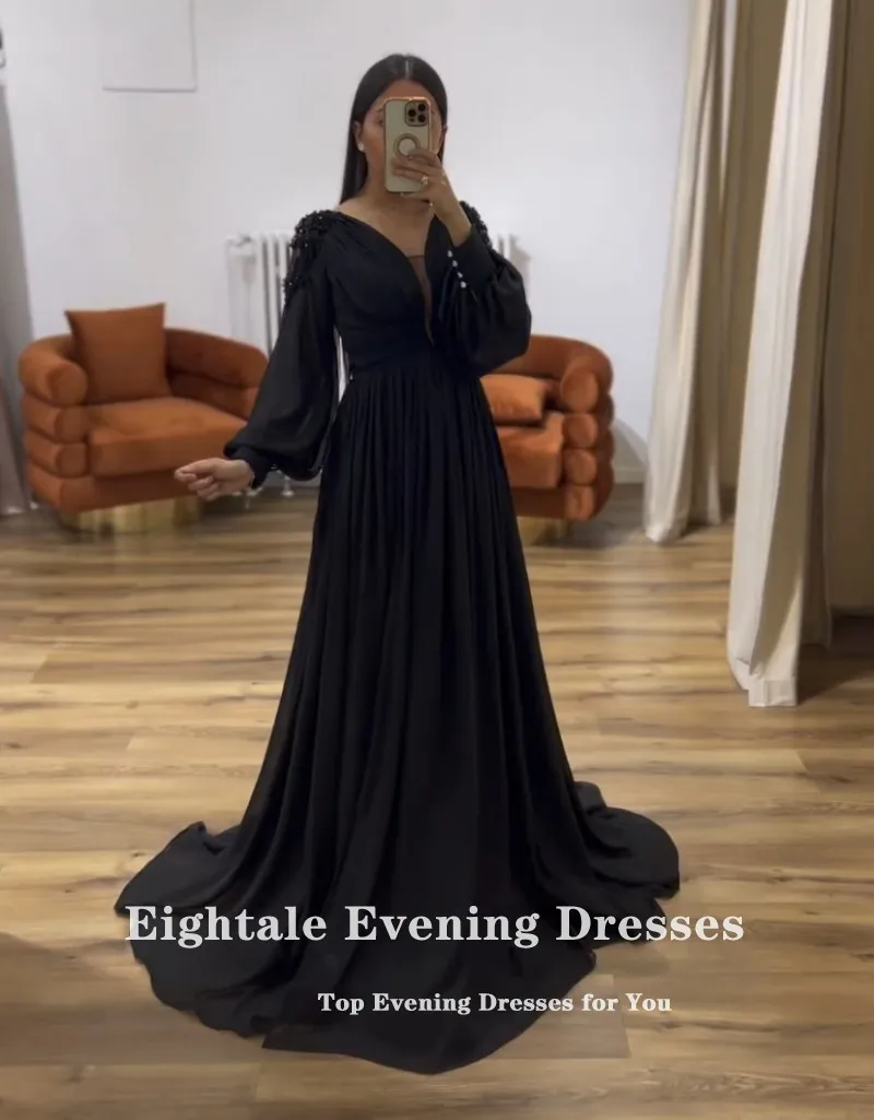 Eightale Arabic Evening Dresses for Wedding Party Long Puffy Sleeves Appliques V-Neck Black Formal Prom Gowns robe femme soirée