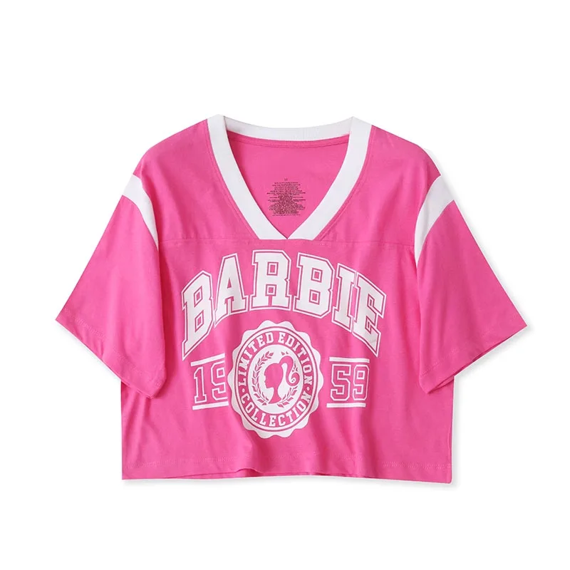 Cartoon Barbie letter printed V-neck short-sleeved T-shirt hot girl short sweet versatile loose casual large size short top