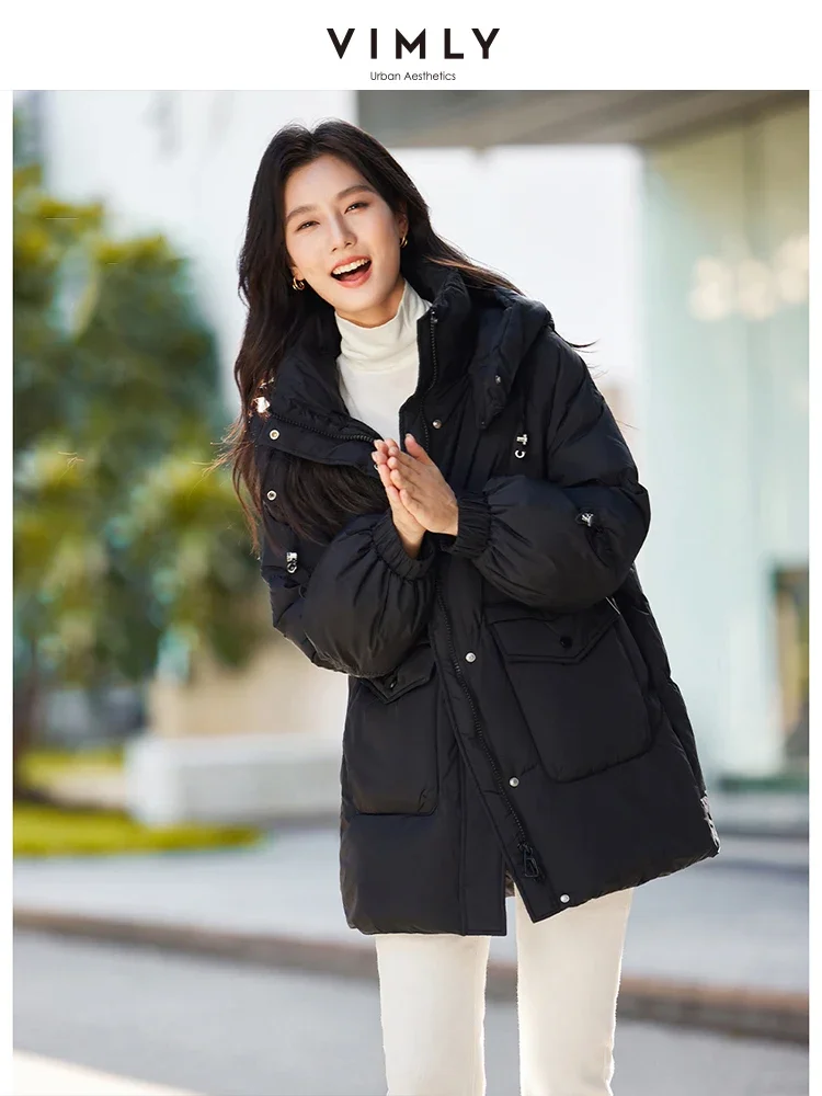 Vimly Women\'s Simple Long Puffer Coat - Thick/ Warm Winter Jacket with Hood Outerwear Office Lady Duck Down Jacket Overcoat