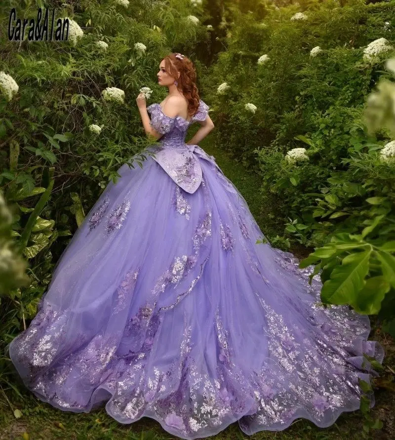 ที่กําหนดเองลาเวนเดอร์ Lilac Quinceanera ชุดโบว์ลูกไม้ Applique ประดับด้วยลูกปัดเม็กซิกันหวาน 16 Vestidos De XV 15 Anos YQD434