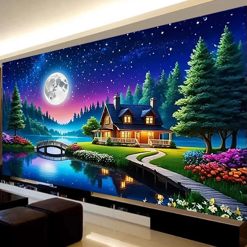 5D Diy Large Size Diamond Painting Beautiful Full Moon Lake Bridge Landscape Full Square Round Mosaic Embroidery Wall Decoration
