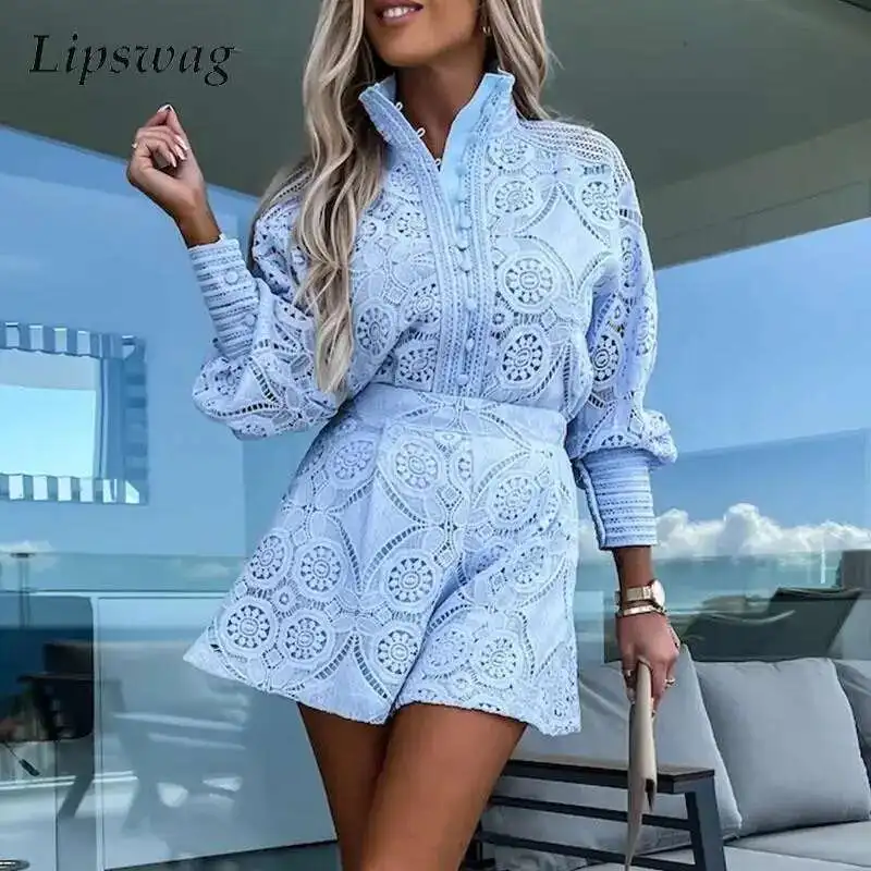 Lente shirt met lange mouwen Borduren Shorts Broek Pak Mode Vrouwen Effen Kantoor Bijpassende Elegante Kant Holle Tweedelige Set