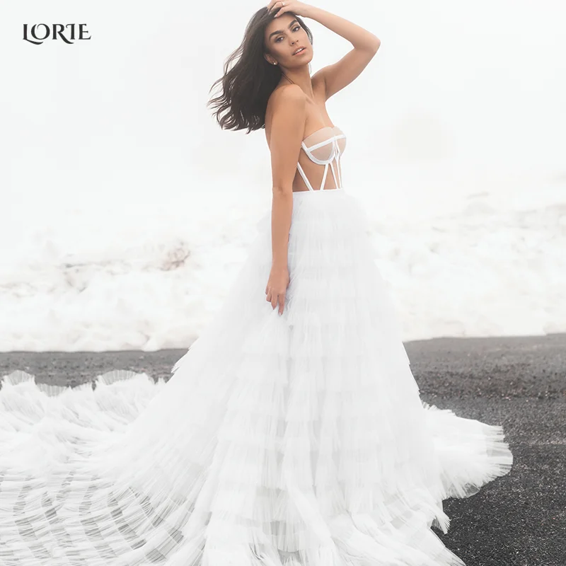 

LORIE Elegant Off Shoulder Wedding Dresses Skin Corset Backless A-Line Boho Bridal Gowns With Tiered Tulle Skirt Bride Dress