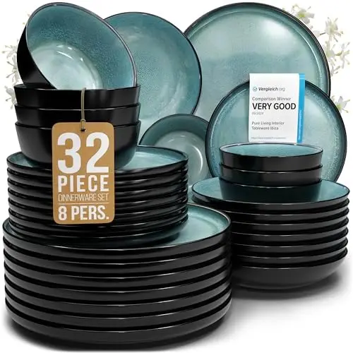 

32-Piece Dinnerware Set for 8 – Modern Stoneware, Dishwasher Safe, Scratch Resistant – Black & Petrol Blue
