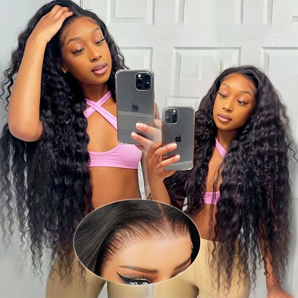 

AMYTUD 5x7 Glueless Deep Wave Ready to Wear 13x4 Lace Wig Human Hair Pre Plucked Curly Brazilian Transparent Lace Frontal Wigs