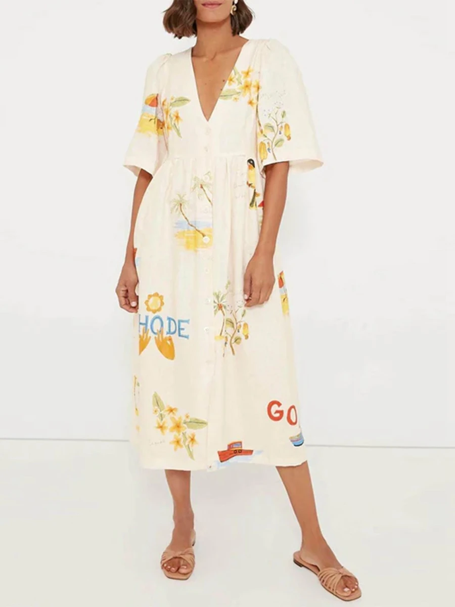 

New Fashion Women's Summer Loose Dress Letter&Floral Print Half Sleeve V-Neck Button Down Long Dress