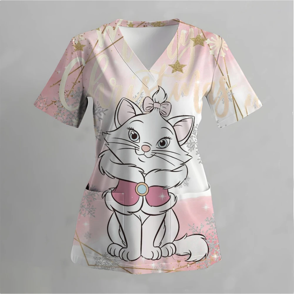 Disney Pet Mary Cat Print Scrub Tops Pet Shop Medical Uniforms Nurse V-Neck Shirt Akcesoria pielęgniarskie Doctor Scrubs Clothes