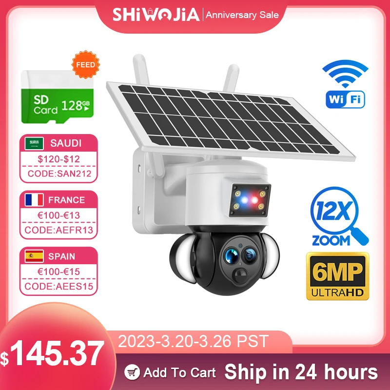 

SHIWOJIA 3K 6MP Outdoor WIFI Solar Camera 12X Optical Zoom Dual Lens Security protection CCTV Solar Panel Humanoid Tracking Cam