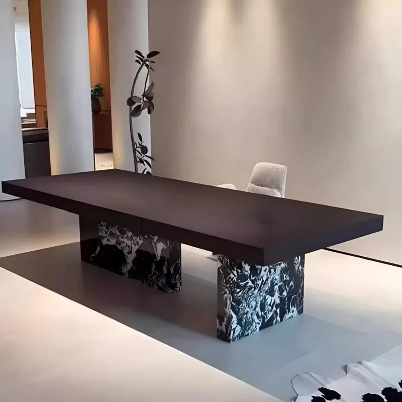 

Minimalist solid wood rock slab tea table black and white flower creative art dining table villa tea table simple