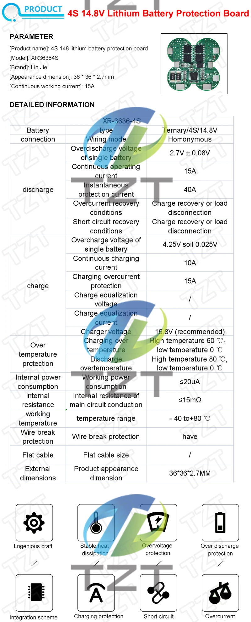 TZT BMS 4S 15A 14,8 V 18650 Li-Ion Lithium-Batterie-Ladeplatine mit Überstrom-/Temperaturschutz für Elektrowerkzeuge – Detail 1