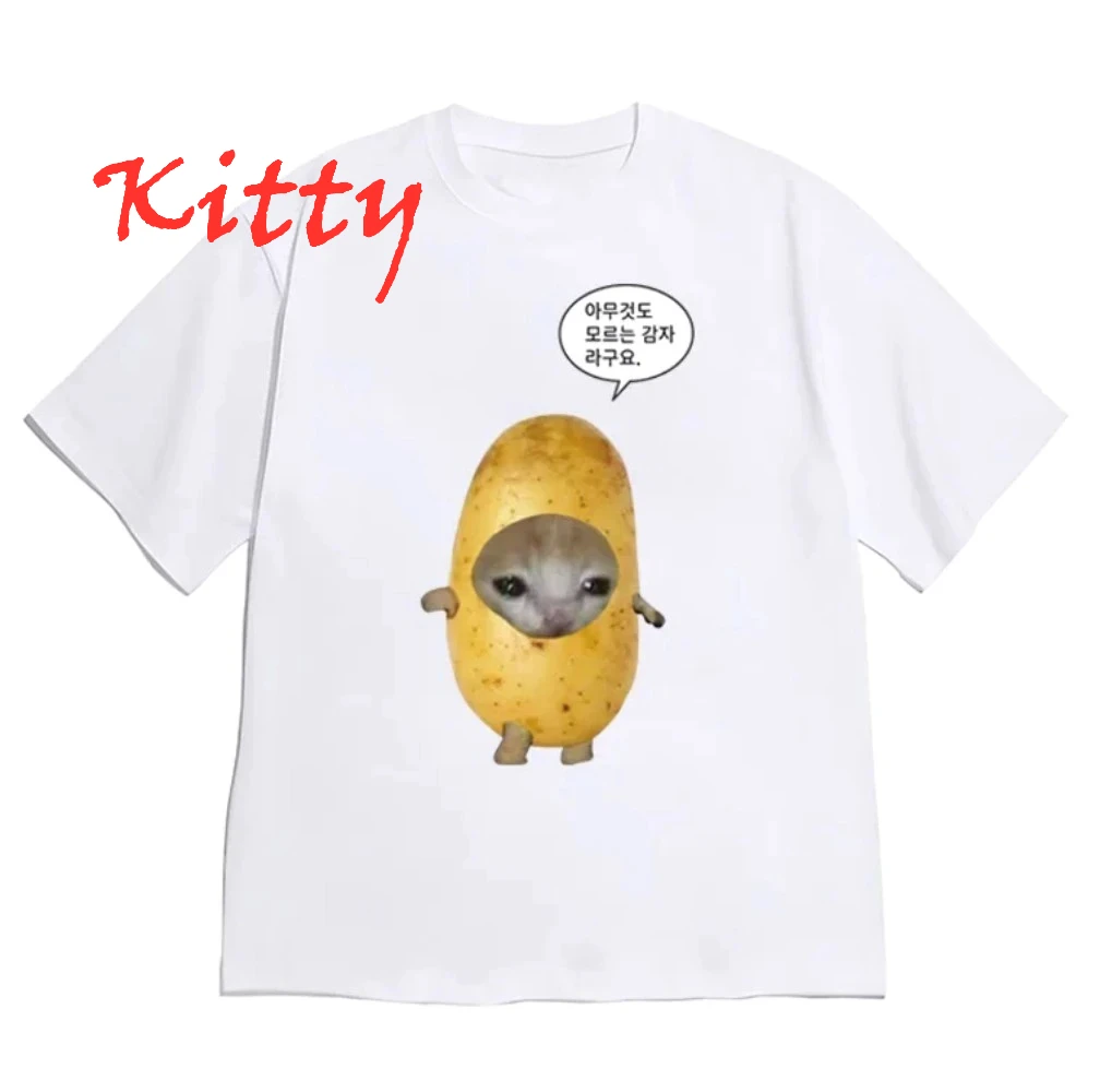 Funny Potato Cat Women's T-shirt Korean I'm A Clueless Potato Graphic Tee Novelty Cat Meme Print Women's Clothing Casual Tee Top