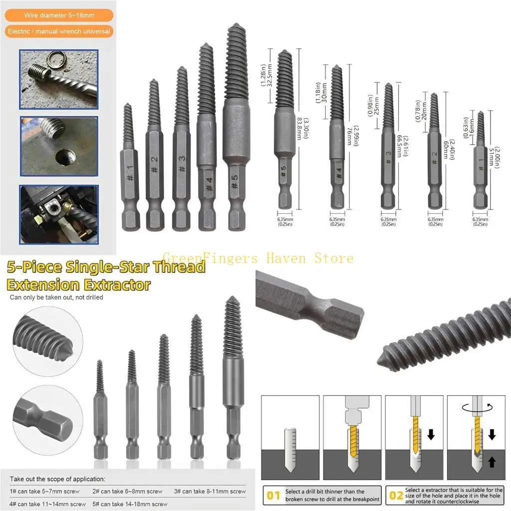 

F68D 5pcs Screw Extractor Center Drill Bit Guide Set Broken Damaged Bolt Remover Superior Durability Multi-spline Extractor