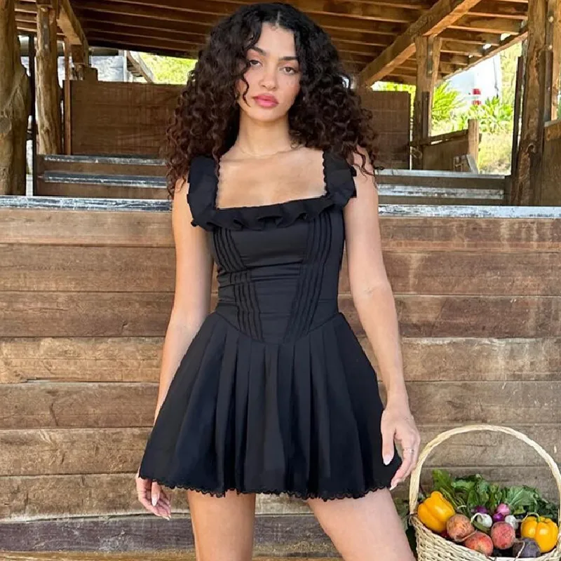 2024summer New Temperament Square Neck Wooden Ear Edge Fishbone Bundle Bodycon Black Short Dresses Fashions Women's Clothing Y2k