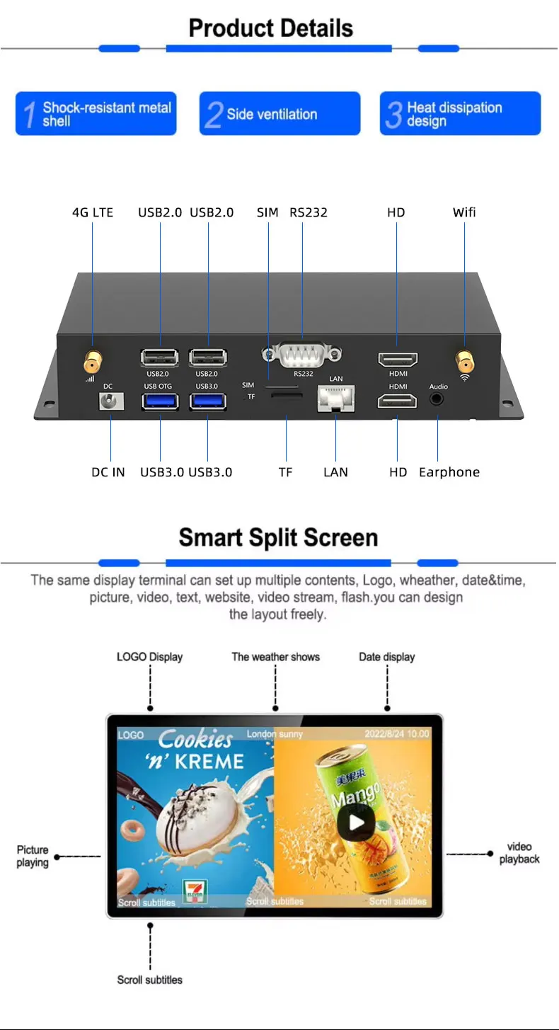 Android RK3568 Google certifié Android 11 système affichage numérique lecteur multimédia boîte 2G/32G prise en charge de la résolution 4K 2K