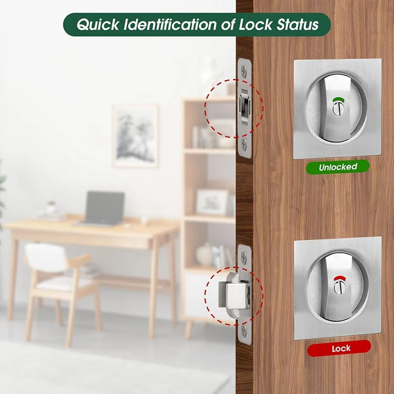 FULL-Pocket Door Lock With Indicator Light, Silver Privacy Square Pocket Latch, Barn Door Lock Pocket Door Hardware