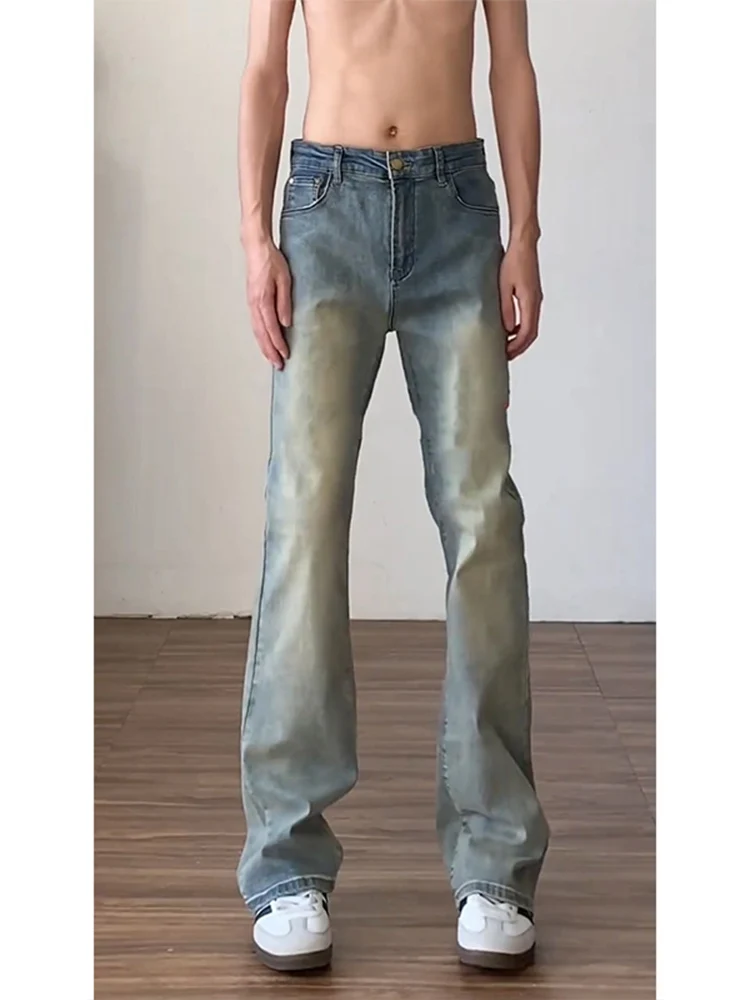 

Мужские джинсы в стиле ретро, синие, с высокой талией, прямые, стрейч, удлиненные, в американском стиле, с эффектом потертости (Knife Pants)