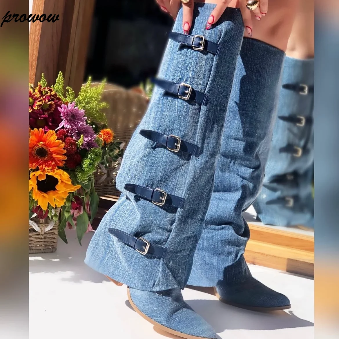 

Prowow/Новые джинсовые сапоги до колена, ботинки на танкетке с острым носком и пряжкой на танкетке, женская обувь Zapatos Mujer
