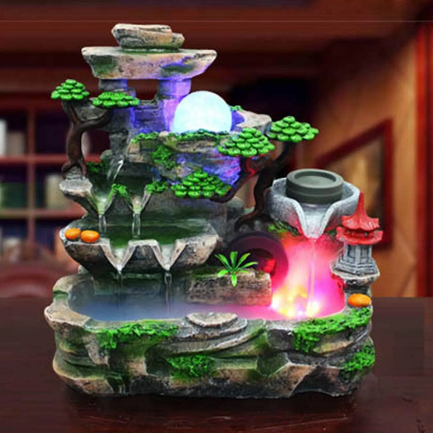 Indoor Tabletop Water Fountain with LED Light and Mist, Resin Rockery Waterfall Desktop Decor for Home Office Bedroom Relaxation Gift, US Stock