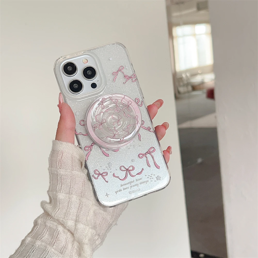 Étui de support de téléphone à paillettes motif nœud rose joli support de support étuis de mode iPhone 15 14 12 13 Pro Max 15Pro