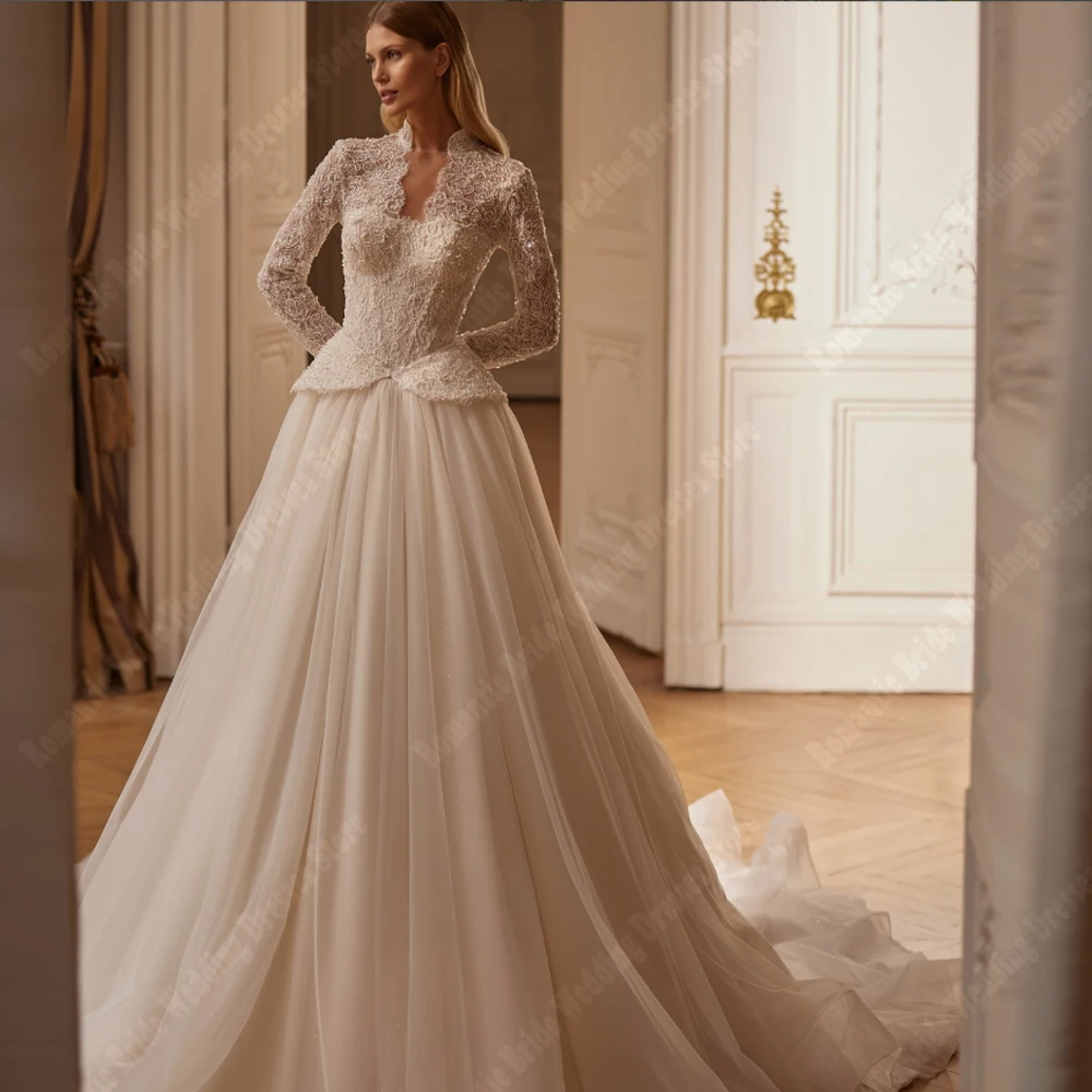 

Celebrity A-Line Women Wedding Dresses Elegant Lace Long Sleeves Print Prom Gown Mopping Length Ball Vestido De Novia Customized