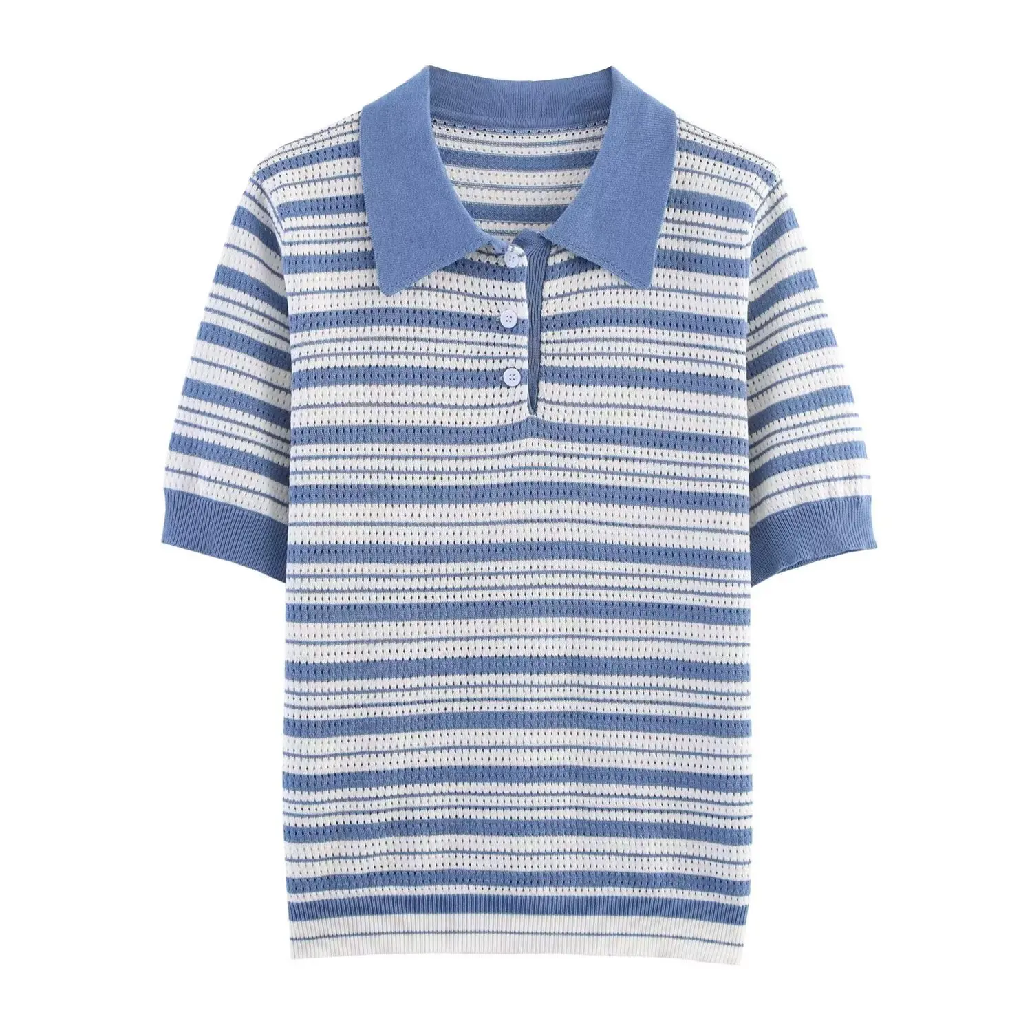 カジュアルポロシャツ レディース ニットトップス 半袖 ストライプ 襟付き ゆったり 快適 通勤スタイル 2025年秋 ファッション