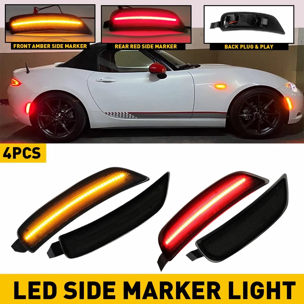 4Pcs LED Side Marker Lights Smoked Lens for 2016-2023 Mazda MX-5 Miata 2016-2022 Front Amber & Rear Red Fender Side Marker Lamp