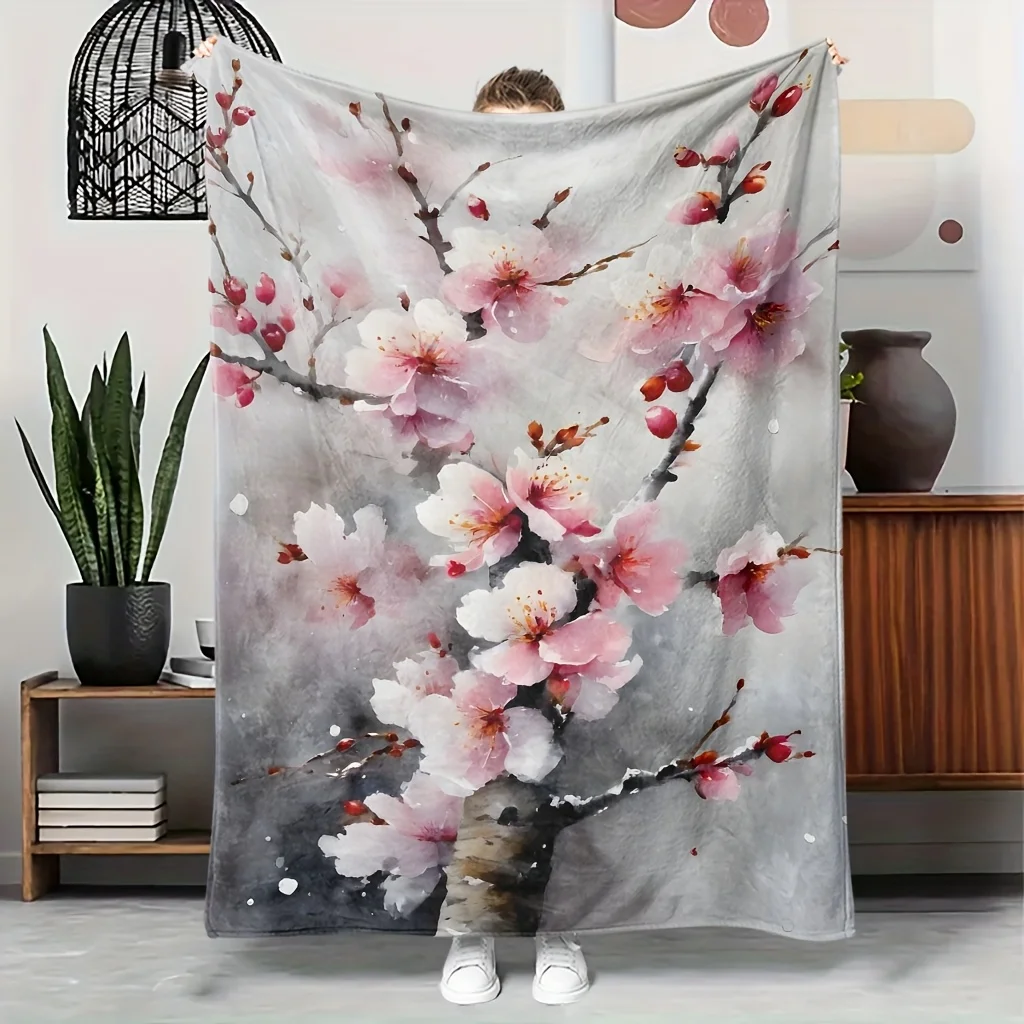 

1pc Pink cherry blossom floral pattern blanket, polyester fabric, machine washable, suitable for bedroom and living room décor.
