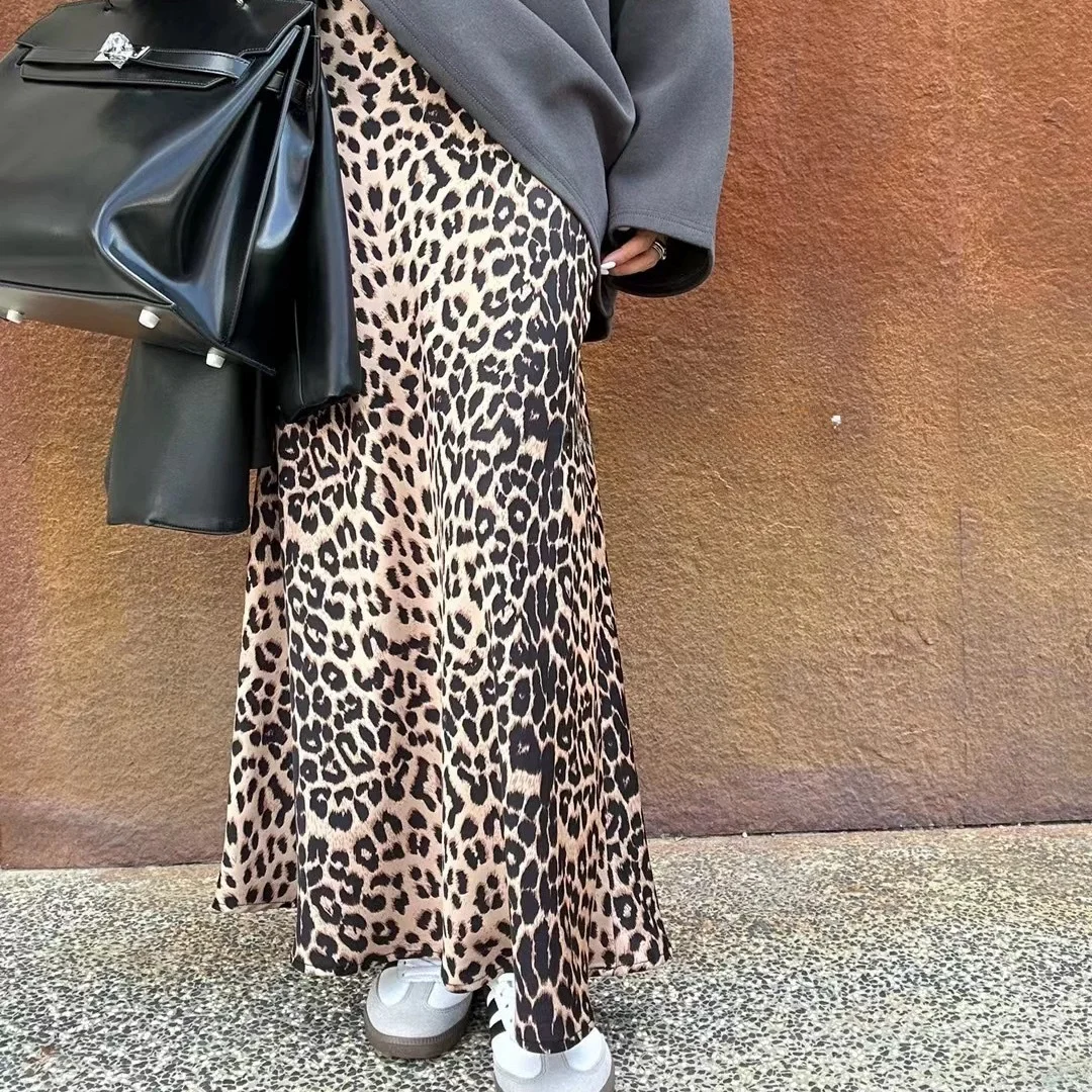 

Ele American Retro Leopard Print Long f Skirt Women Sexy Satin Fi Tail Slimming Smooth Wrap Body Long Skirt