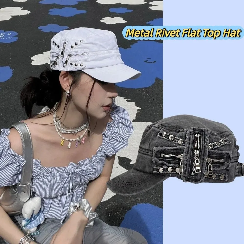 

Fashion Cloth Rivet Denim Beret Y2k Zippers Metal Rivet Flat Top Hat Fashion Korean Style Equestrian Hat Travel