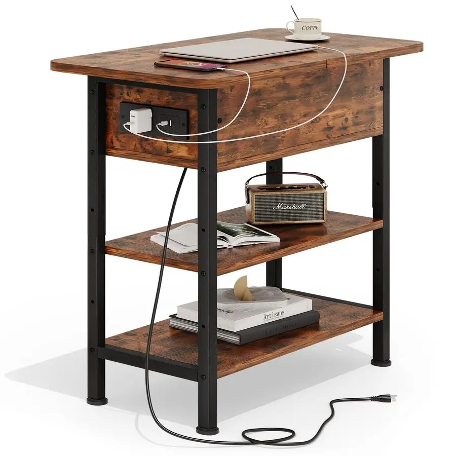 

Table with Charging Station, Flip Top Side Table with USB Ports and Outlets, 3Tier Small Side Table with Storage for Small Space