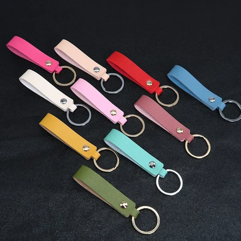 Laser Engrave Custom LOGO Double-side Colors Leather Keychain Keyring Company Activity Hotel Number Car Key Chain Holder Gifts