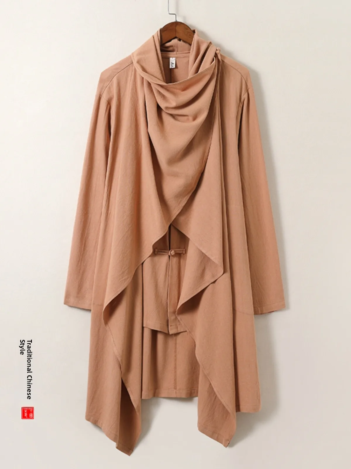 

High Collar Hanfu Fake Two-Piece Linen T with Belt Chinese Sle Buttoned Tang Suit Zen Meditation Layman's Robe Long irt