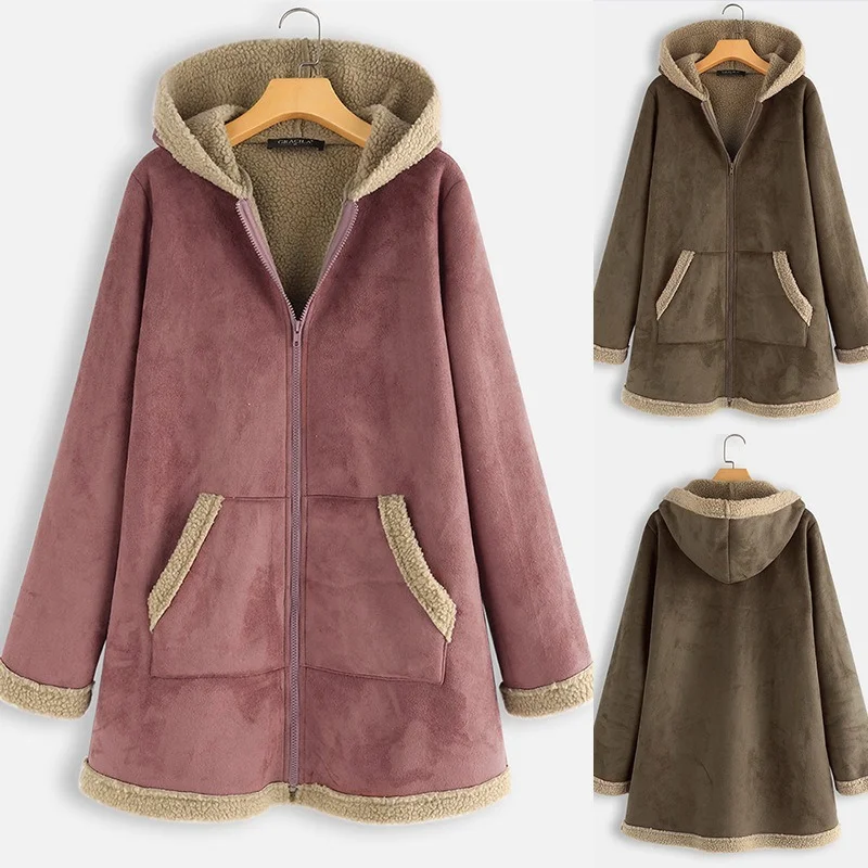 Winter Patchwork Jacket Plus Velvet Deerskin Hooded Loose Coat Women Vintage Solid Casual Thicken Jackets Coats Zipper Overcoat