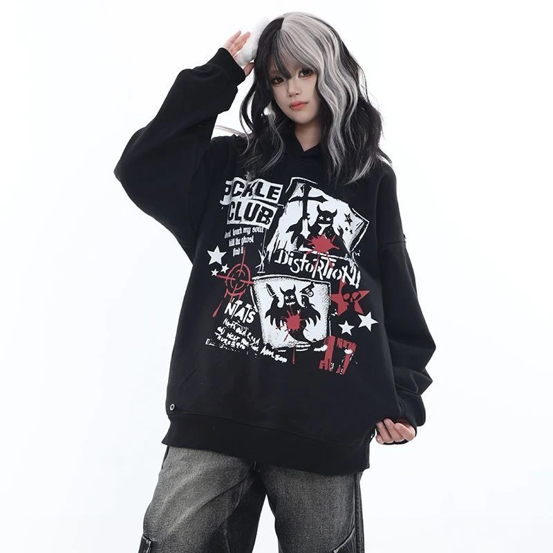 

Субкультура, повседневный пуловер в стиле Харадзюку с капюшоном и длинными рукавами в американском стиле, винтажный пуловер с буквенным узором, осень 2023 г.