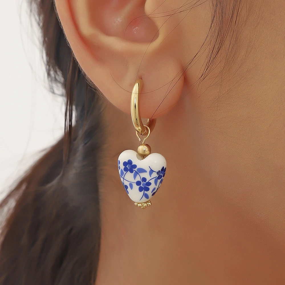 

Blue and White Porcelain Teapot Pendant Earring Vintage Ceramic Heart Ball Pearls Dangle Earrings Stainless Steel Jewelry Gift