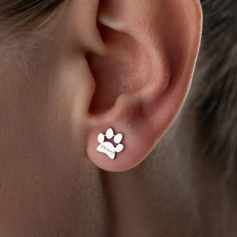 

Custom Engraved Tiny Paw Print Stud Earrings Personalized Pet Jewelry Stainless Steel Dog Cat Pet Name Earring Memorial Gift
