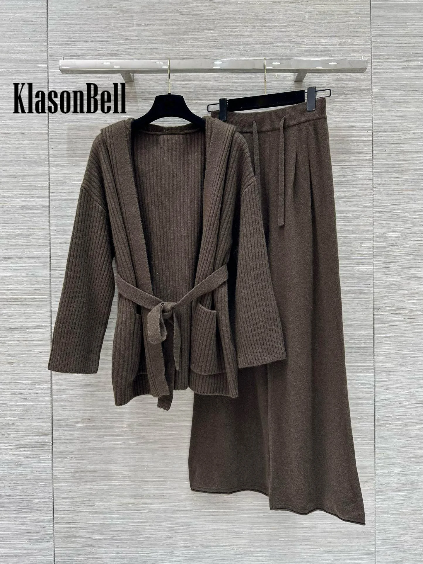 10.11 KlasonBell Women\'s Fashion Double Pocket Bandage Cardigan Coat Or Drawstring Elastic Waist Wide Leg Pants Wool Knit Set