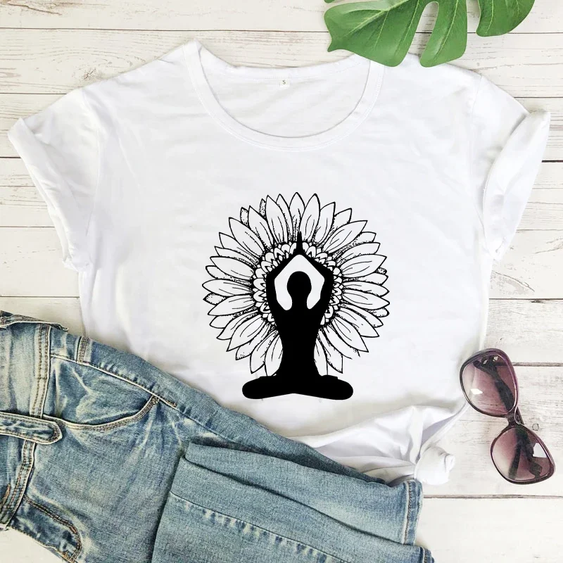 Y2k Short Sleeves T-shirt Sunflower Yoga Women's Tee Graphic Shirts Spiritual Meditation Gift Fashion Casual Grunge Vintage Top