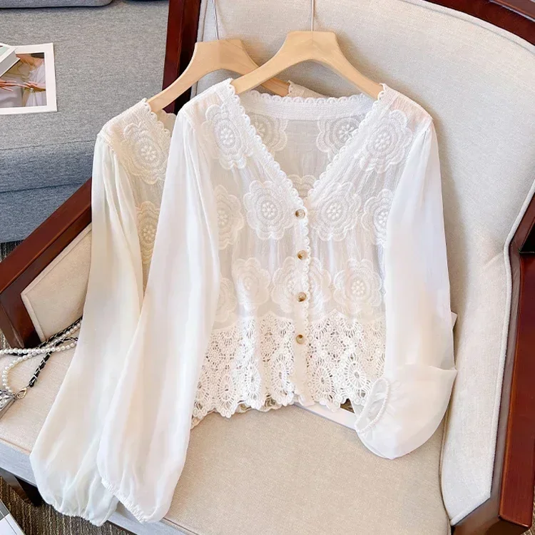 

Chic Shirts For Women Solid Hollow Out Floral Lace Long Sleeve Blouse Button Korean Style Summer Camisas Almighty Dropshipping
