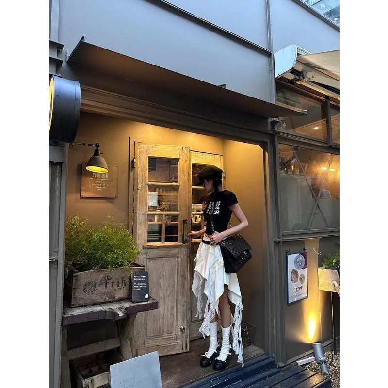 

Fashion Street American Niche Irregular High Waist A-line Skirt White Ruffle Lace Splicing Halter Skirt