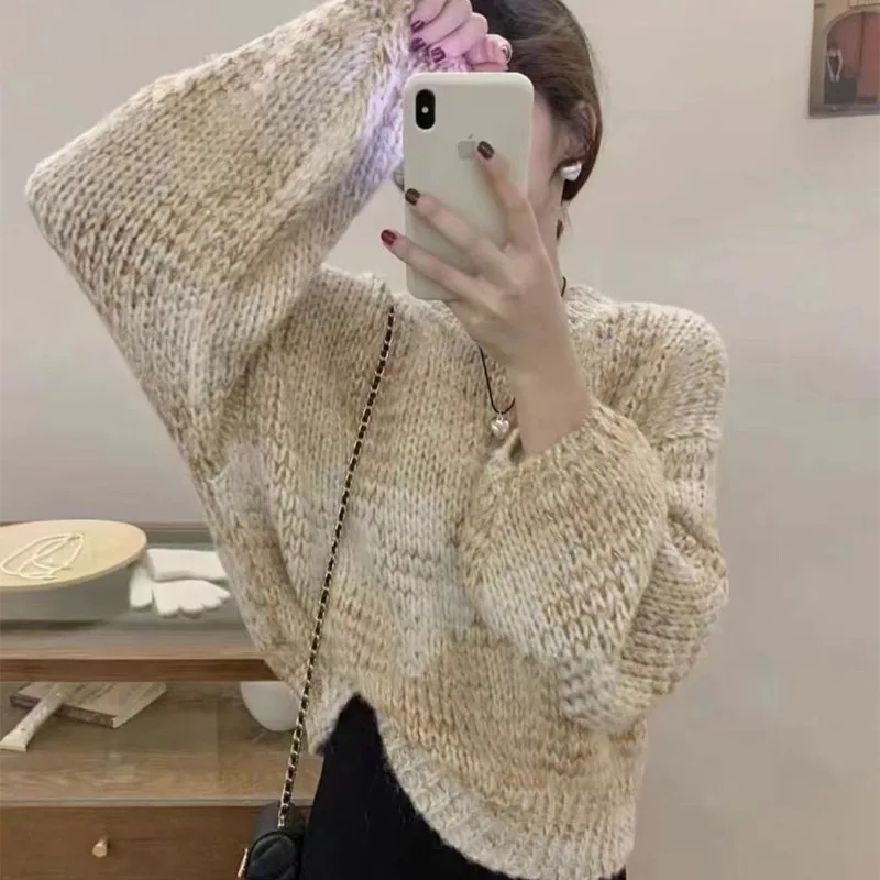 Women\'s Autumn Winter Pullover Round Neck Screw Thread Solid Lantern Long Sleeve Sweater Knitted Fashion Casual Elegan Tops