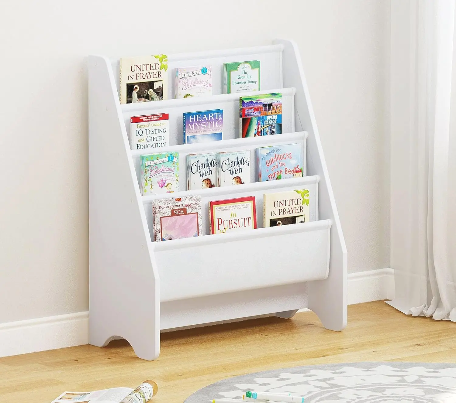 Kids Bookshelf Storage, Book Shelf for Kids Rooms, 4 Tier Sling Toddler Bookshelf, Magazine Book Rack, Children Book Org