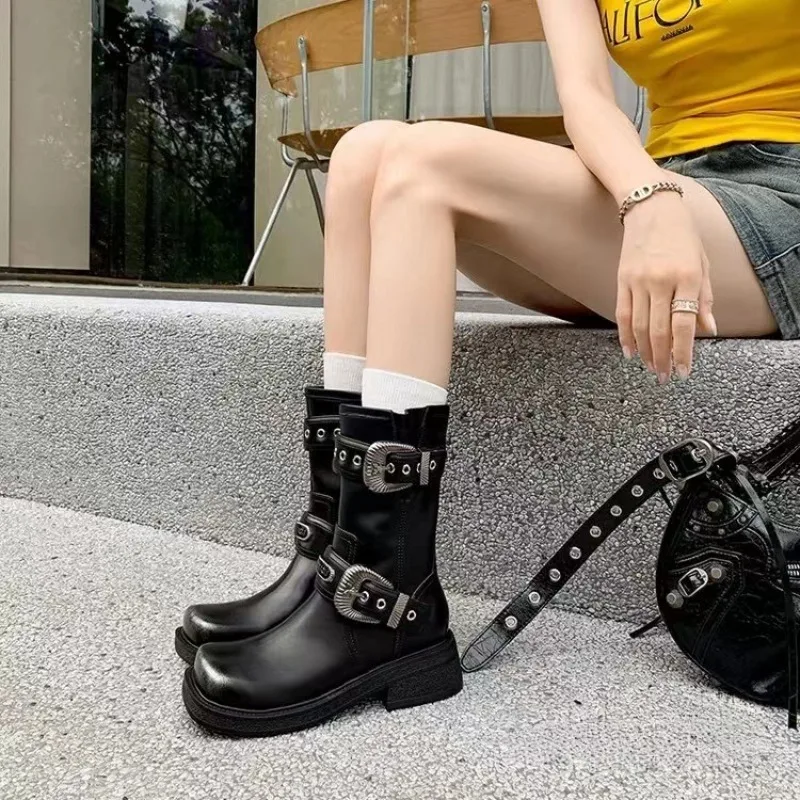 2025 rétro bout carré boucle de ceinture mi bottes à talons pour les femmes en automne semelle épaisse talon épais fermeture éclair latérale mi-talon bottes de chevalier