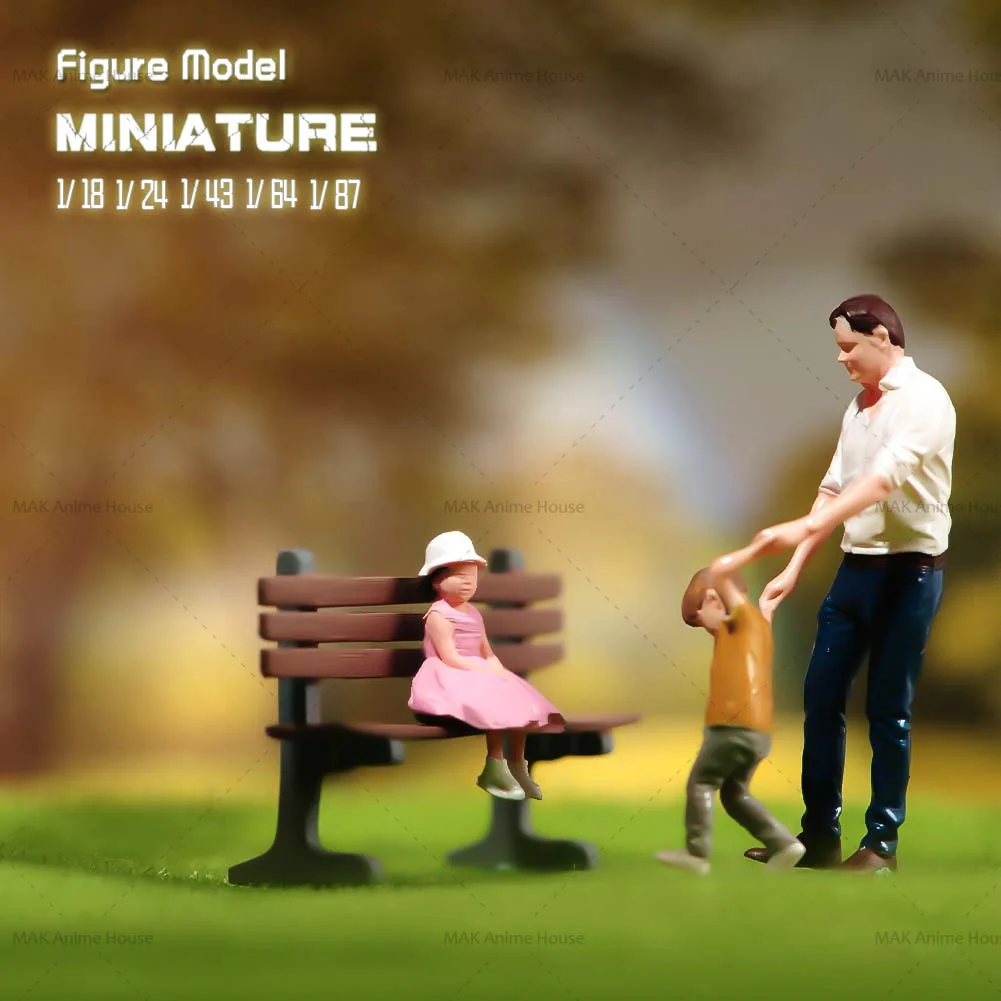 Miniatures 1/87 1/64 1/43 1/24 1/18 Father And Son Frolicking little Girl Sitting On A Park Bench Doll Model Home Scene Car Toys