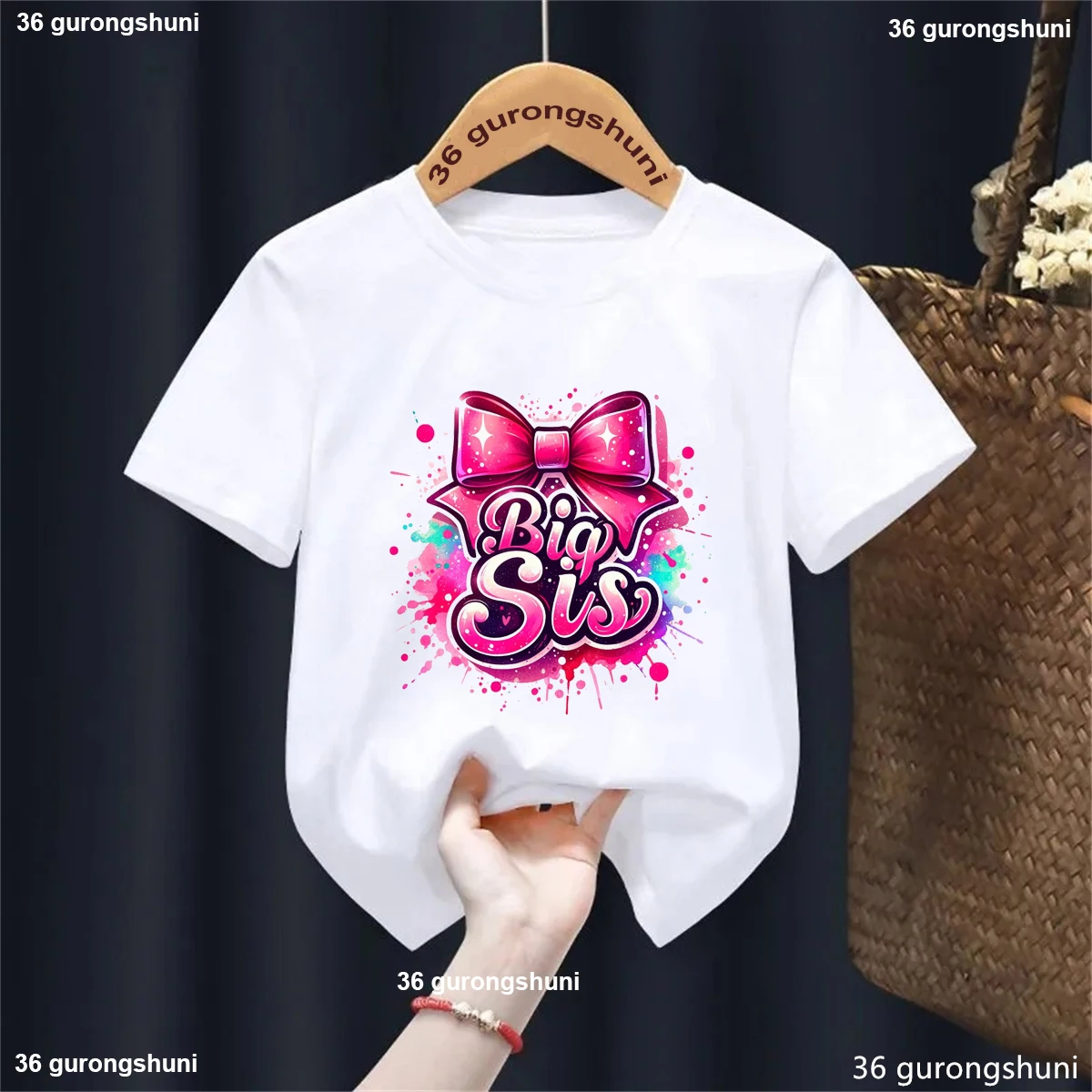 Camiseta lisa de manga corta con estampado gráfico de lazo grande de Sis de acuarela Tshrt para niñas, regalo de cumpleaños Kawaii, ropa para niños